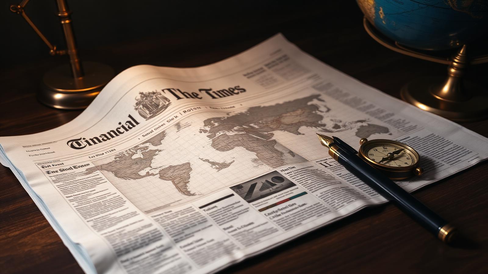 Presse économique, globe et compas sur bureau